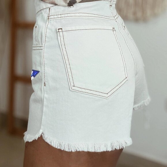 B275 White July of 4th Sequin Star Patched Raw Hem Denim Shorts - Picture 2 of 4